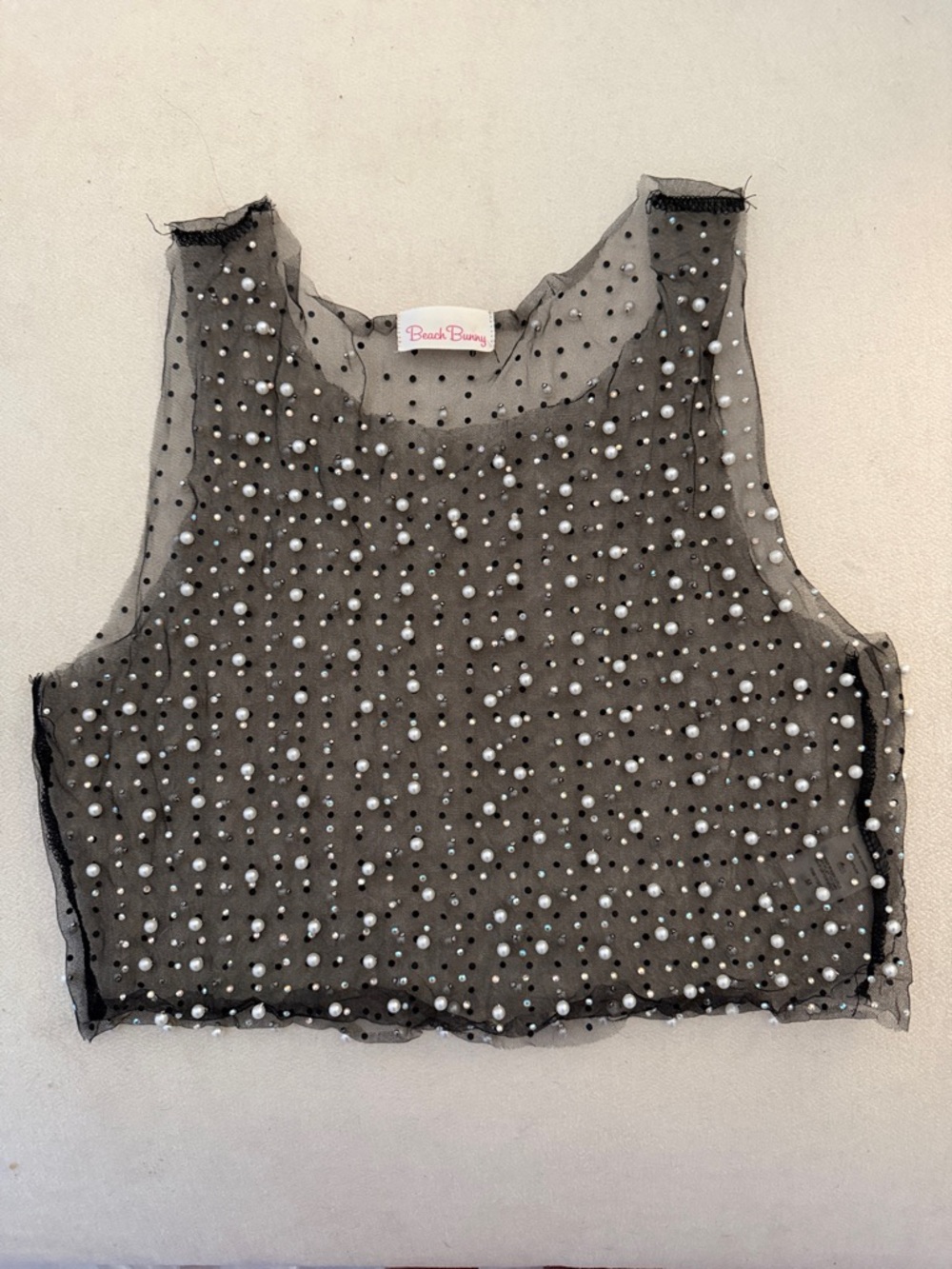 Beach Bunny Black Sheer Pearl-Embellished Crop Top